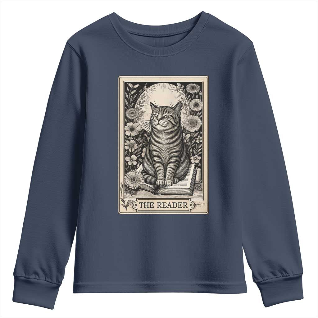 Funny Bookish Kitty Lover Youth Sweatshirt The Reader Tarot Card Book Lover Gift TS12 Navy Print Your Wear
