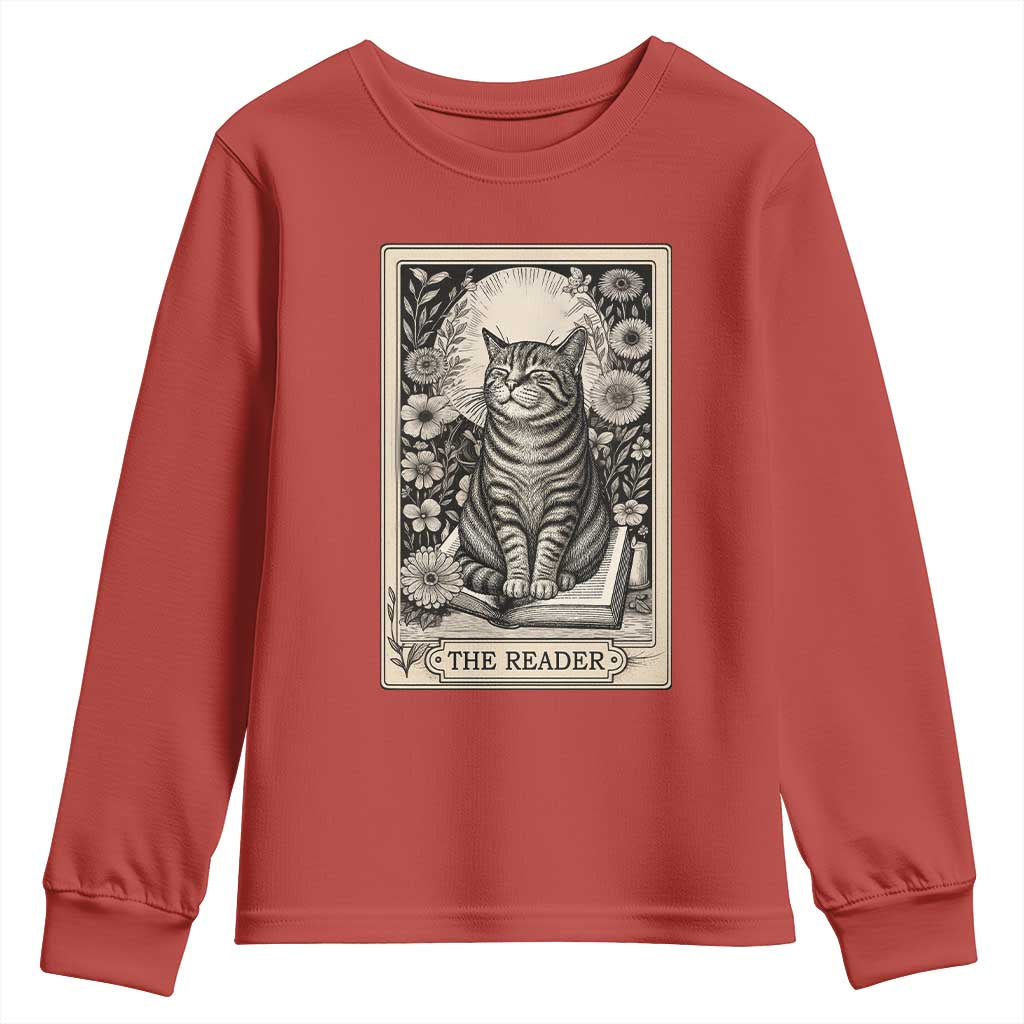 Funny Bookish Kitty Lover Youth Sweatshirt The Reader Tarot Card Book Lover Gift TS12 Red Print Your Wear