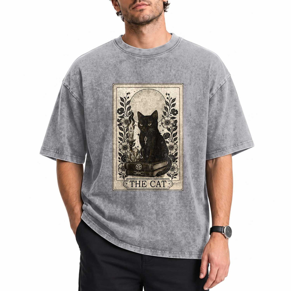 Funny The Cat Book Washed Cotton T-Shirt Kitty Lover Tarot Card