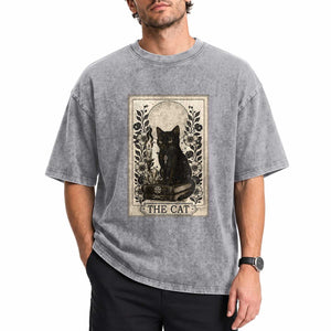 Funny The Cat Book Washed Cotton T-Shirt Kitty Lover Tarot Card