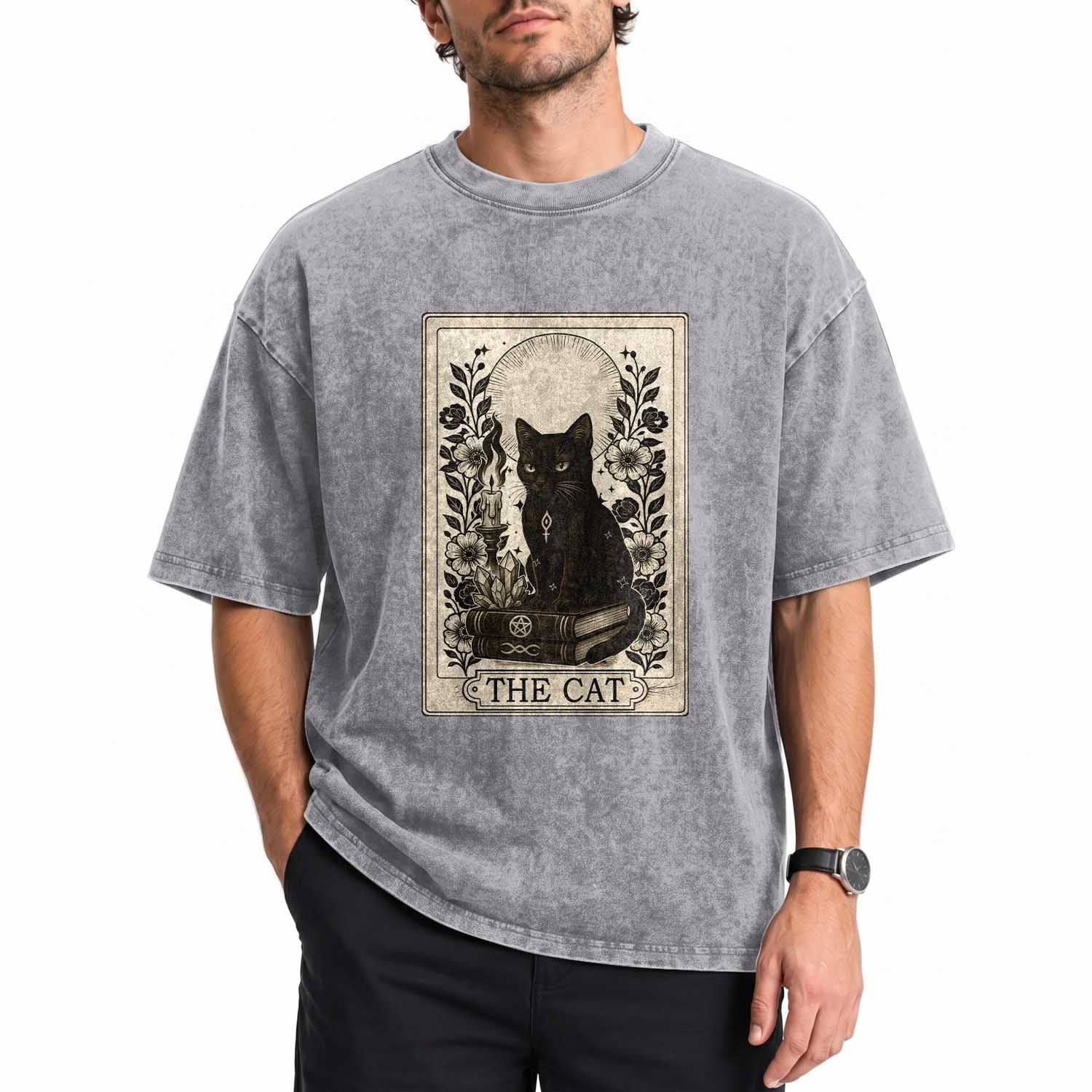 Funny The Cat Book Washed Cotton T-Shirt Kitty Lover Tarot Card
