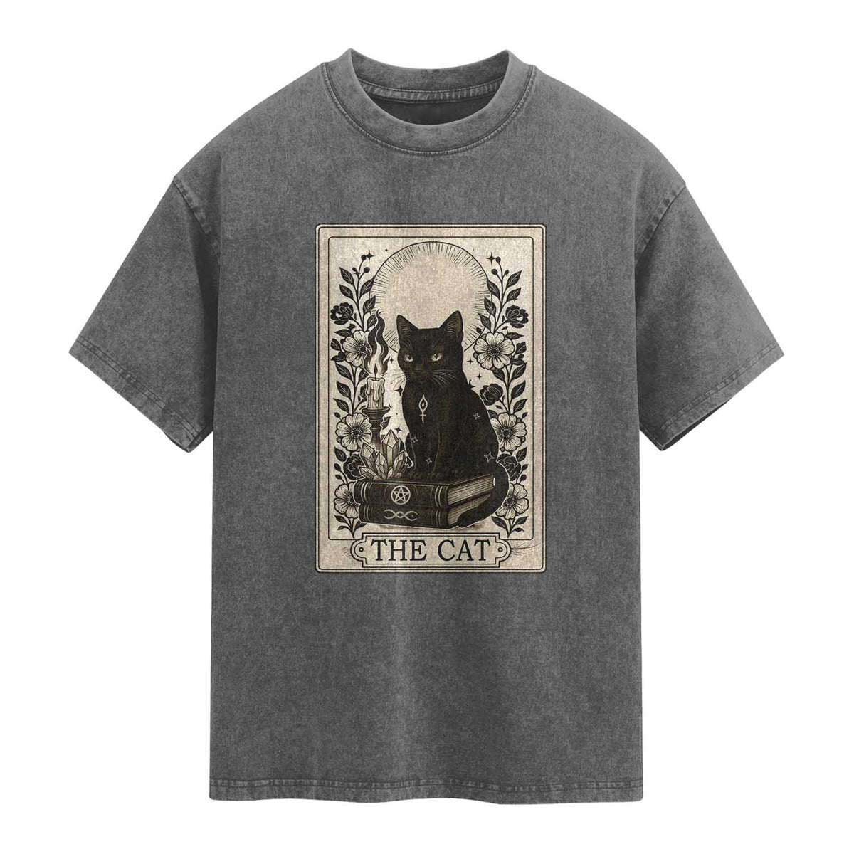 Funny The Cat Book Washed Cotton T-Shirt Kitty Lover Tarot Card