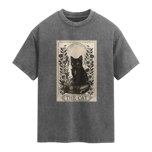 Funny The Cat Book Washed Cotton T-Shirt Kitty Lover Tarot Card