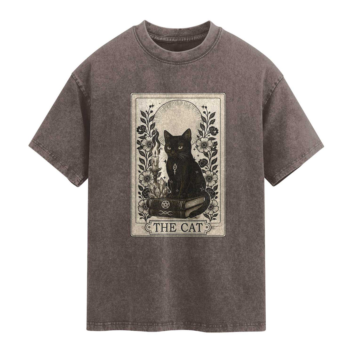 Funny The Cat Book Washed Cotton T-Shirt Kitty Lover Tarot Card