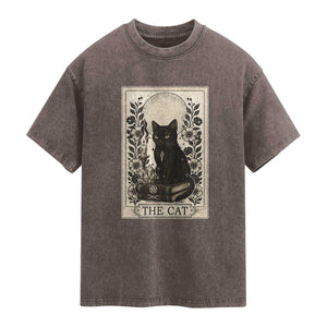 Funny The Cat Book Washed Cotton T-Shirt Kitty Lover Tarot Card