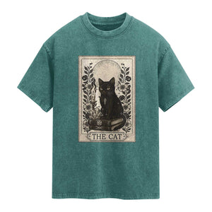 Funny The Cat Book Washed Cotton T-Shirt Kitty Lover Tarot Card