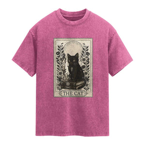 Funny The Cat Book Washed Cotton T-Shirt Kitty Lover Tarot Card