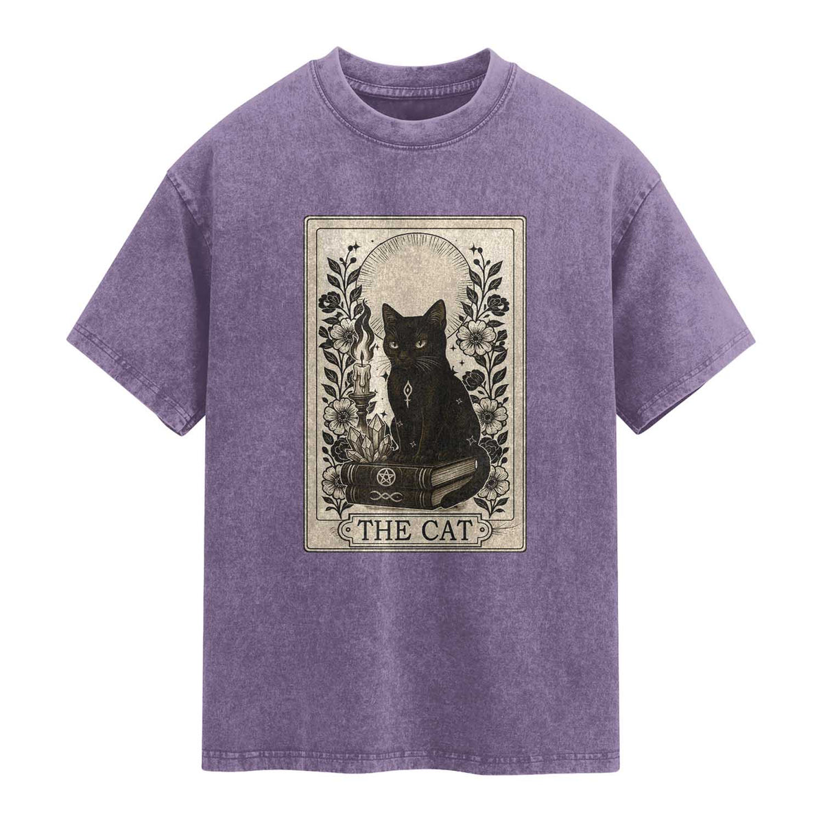 Funny The Cat Book Washed Cotton T-Shirt Kitty Lover Tarot Card