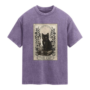 Funny The Cat Book Washed Cotton T-Shirt Kitty Lover Tarot Card