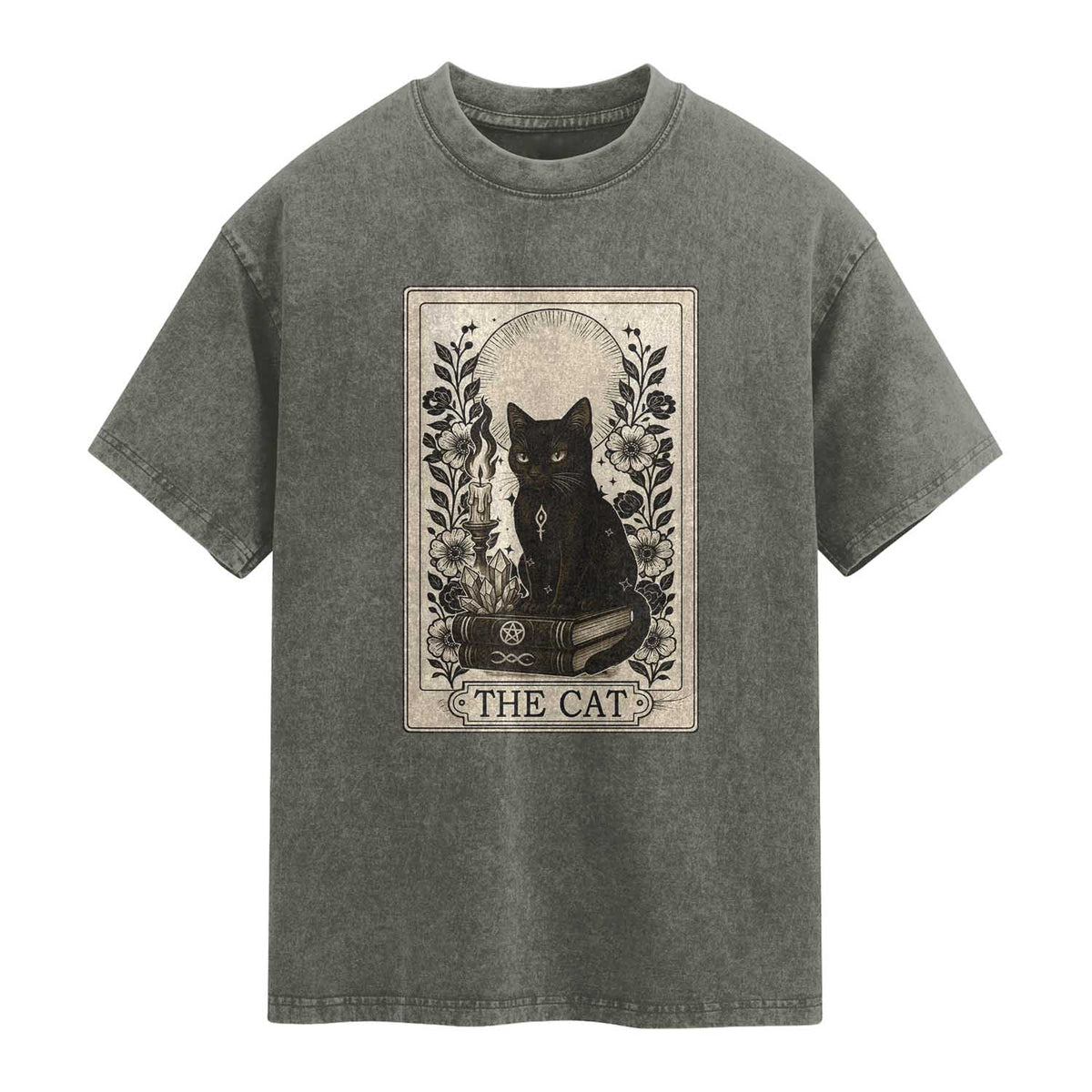 Funny The Cat Book Washed Cotton T-Shirt Kitty Lover Tarot Card