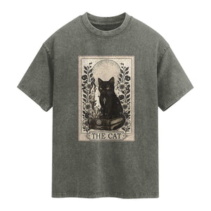 Funny The Cat Book Washed Cotton T-Shirt Kitty Lover Tarot Card