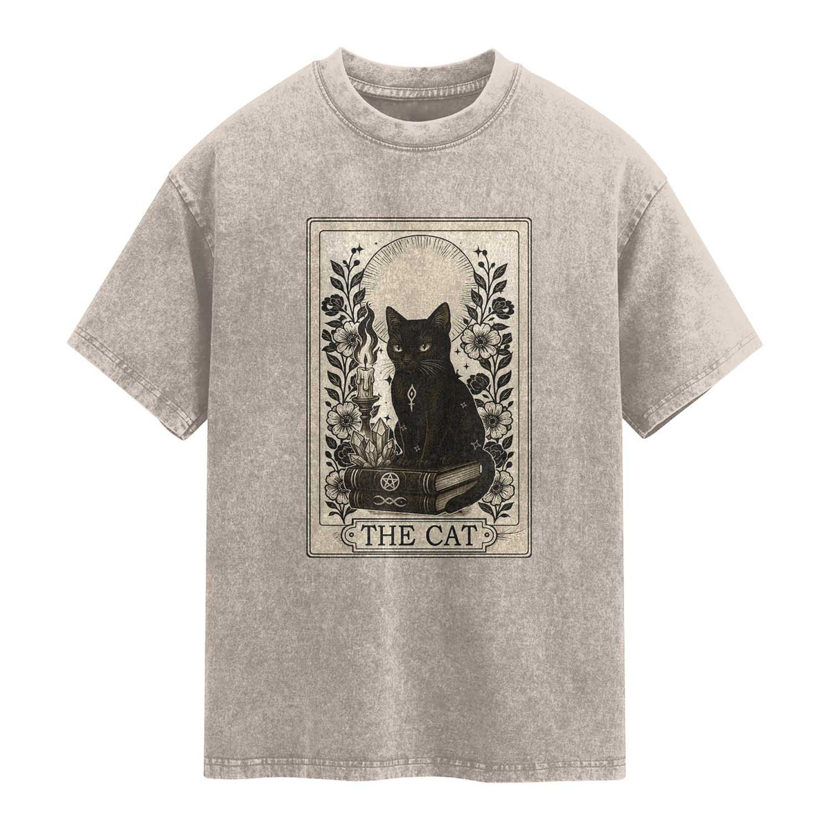 Funny The Cat Book Washed Cotton T-Shirt Kitty Lover Tarot Card