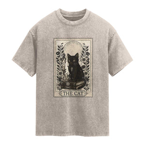 Funny The Cat Book Washed Cotton T-Shirt Kitty Lover Tarot Card
