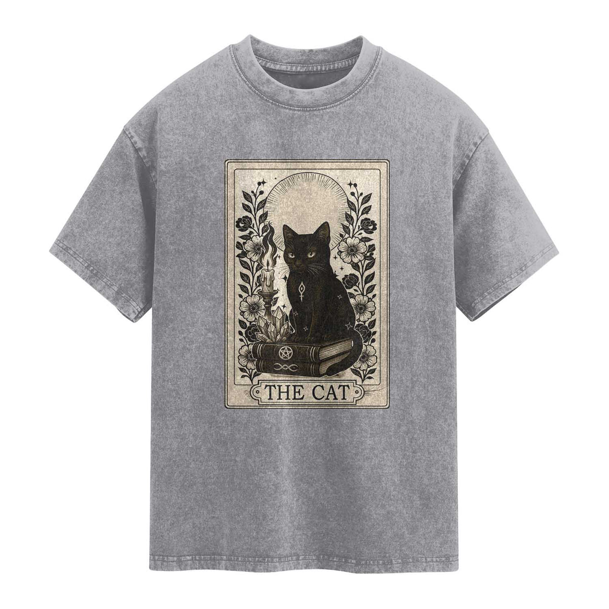 Funny The Cat Book Washed Cotton T-Shirt Kitty Lover Tarot Card