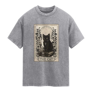 Funny The Cat Book Washed Cotton T-Shirt Kitty Lover Tarot Card