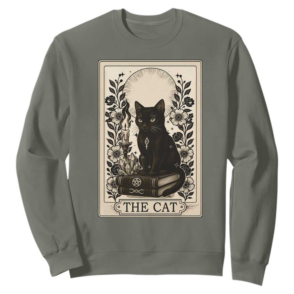 Funny The Cat Book Sweatshirt Kitty Lover Tarot Card TS12 Military Green Print Your Wear