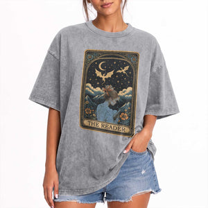 Funny The Reader Tarot Card Washed Cotton T-Shirt Girl Reading Fantasy Book