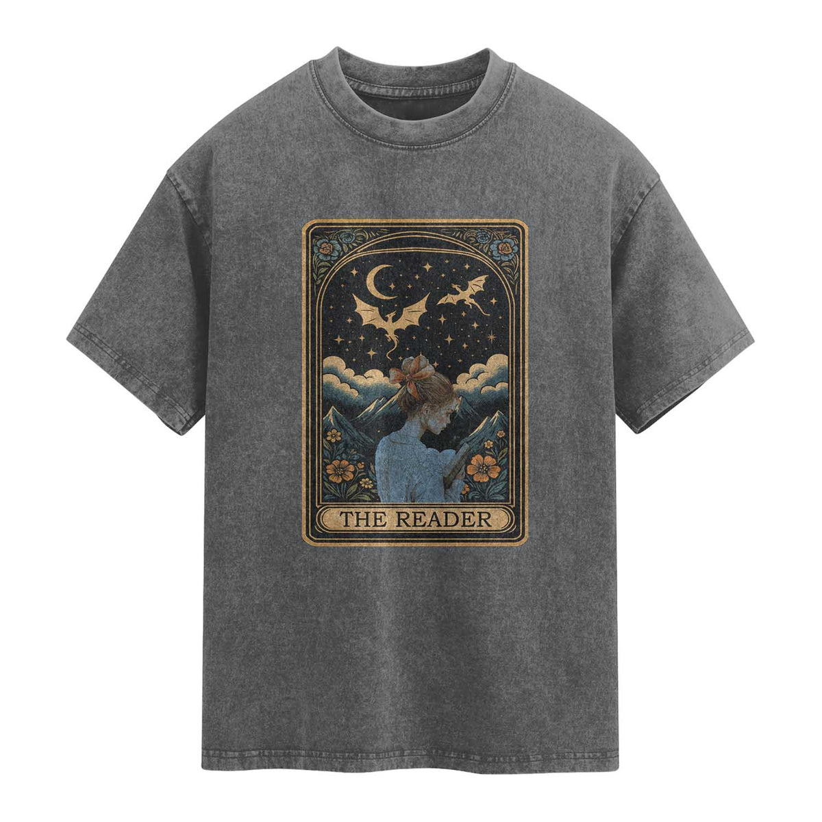 Funny The Reader Tarot Card Washed Cotton T-Shirt Girl Reading Fantasy Book