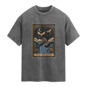 Funny The Reader Tarot Card Washed Cotton T-Shirt Girl Reading Fantasy Book