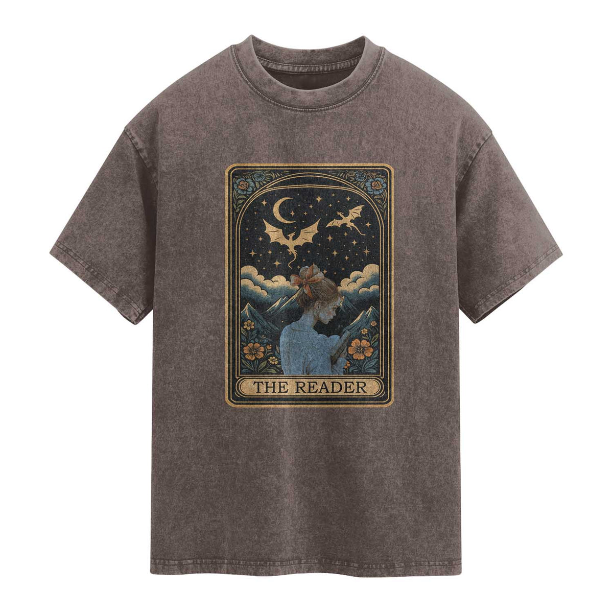 Funny The Reader Tarot Card Washed Cotton T-Shirt Girl Reading Fantasy Book