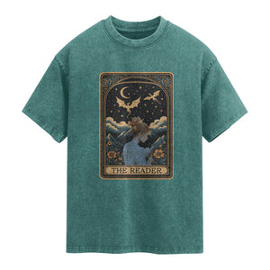 Funny The Reader Tarot Card Washed Cotton T-Shirt Girl Reading Fantasy Book