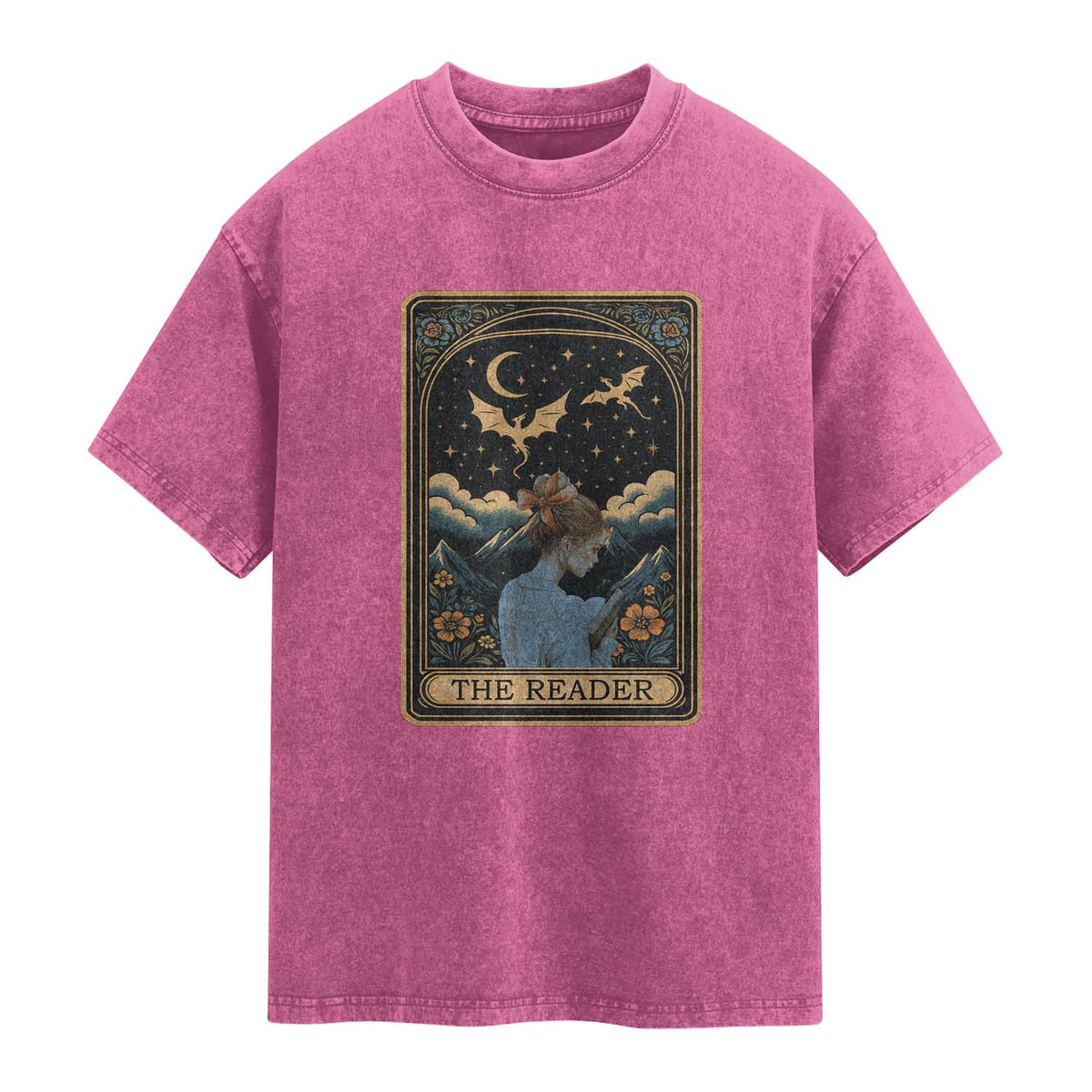 Funny The Reader Tarot Card Washed Cotton T-Shirt Girl Reading Fantasy Book