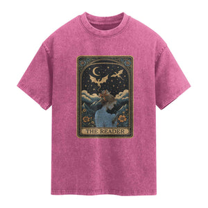 Funny The Reader Tarot Card Washed Cotton T-Shirt Girl Reading Fantasy Book