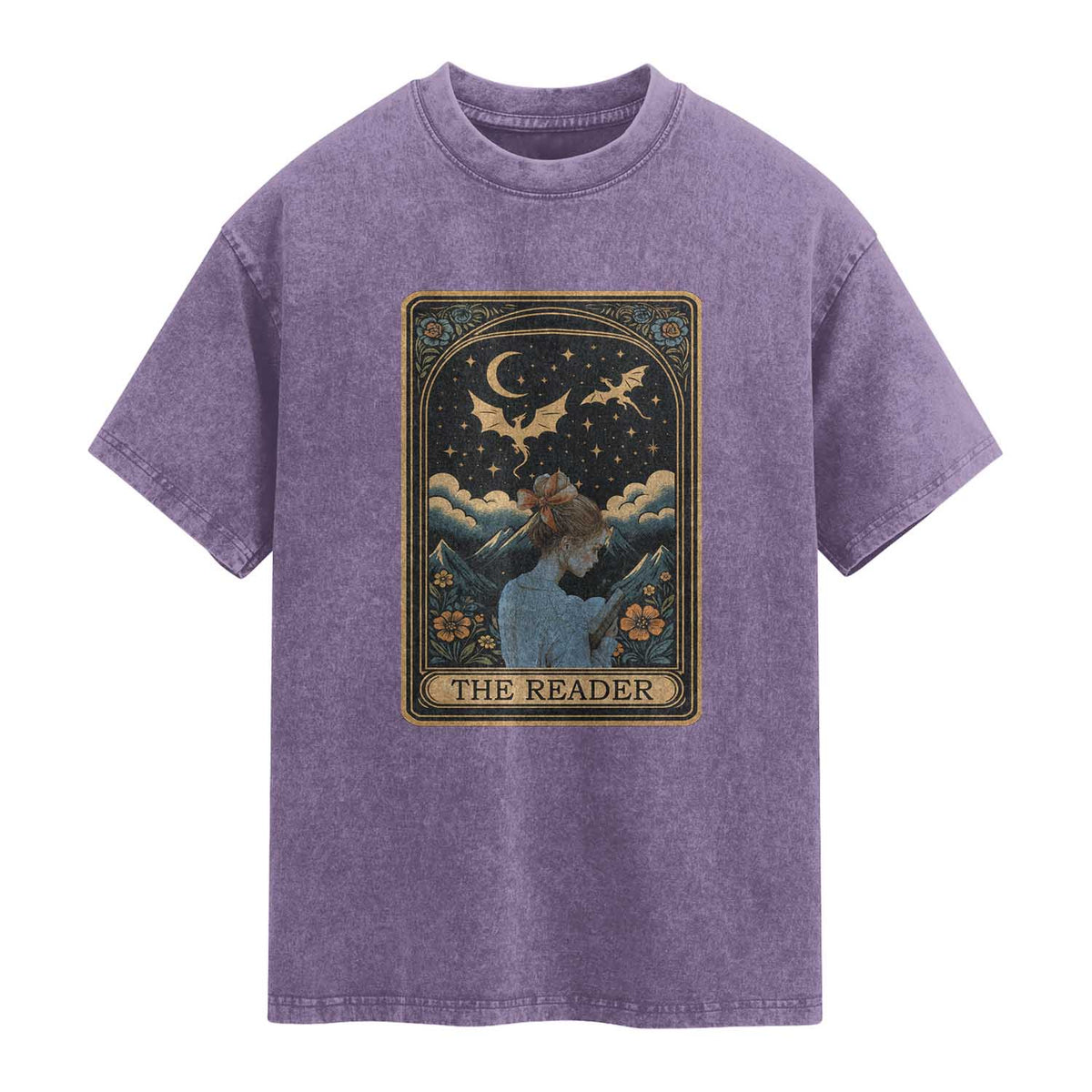Funny The Reader Tarot Card Washed Cotton T-Shirt Girl Reading Fantasy Book