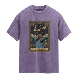 Funny The Reader Tarot Card Washed Cotton T-Shirt Girl Reading Fantasy Book
