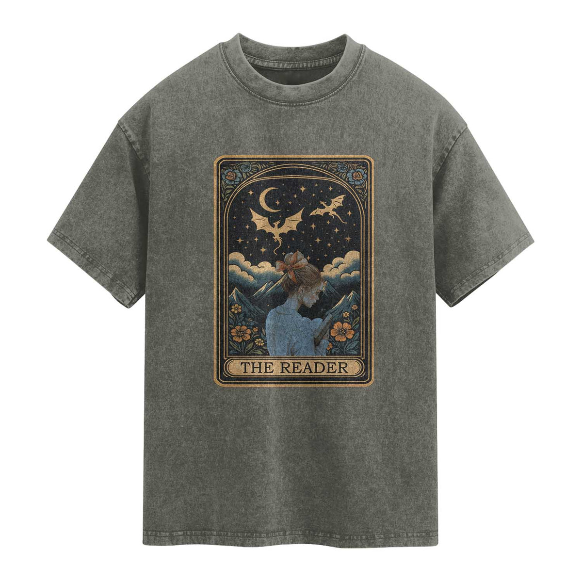 Funny The Reader Tarot Card Washed Cotton T-Shirt Girl Reading Fantasy Book