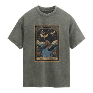 Funny The Reader Tarot Card Washed Cotton T-Shirt Girl Reading Fantasy Book