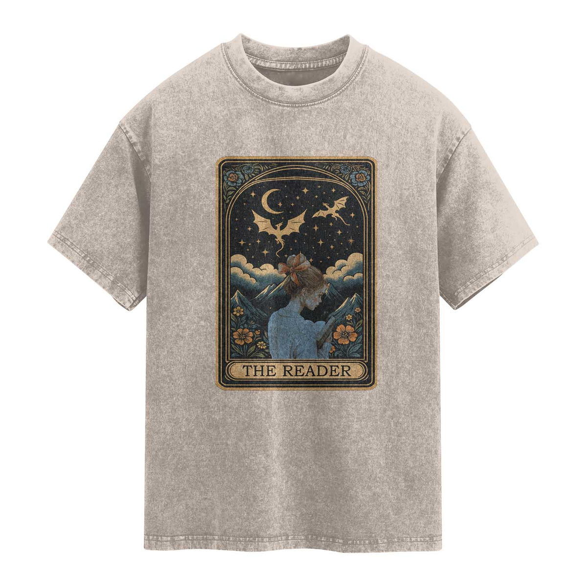 Funny The Reader Tarot Card Washed Cotton T-Shirt Girl Reading Fantasy Book