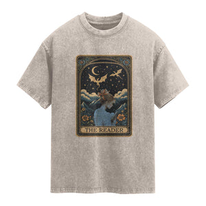 Funny The Reader Tarot Card Washed Cotton T-Shirt Girl Reading Fantasy Book