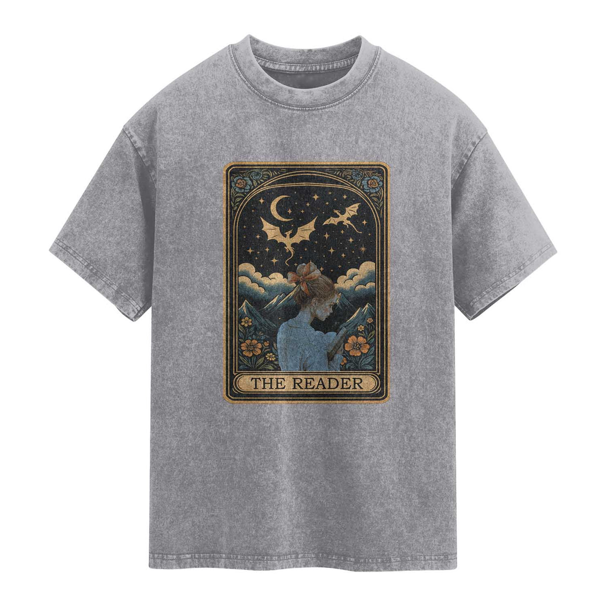 Funny The Reader Tarot Card Washed Cotton T-Shirt Girl Reading Fantasy Book