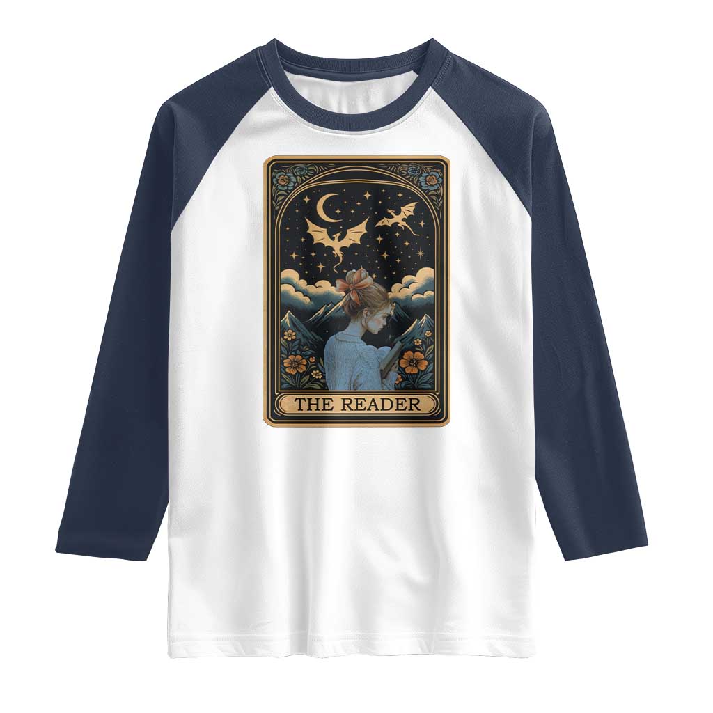 Funny The Reader Tarot Card Raglan Shirt Girl Reading Fantasy Book TS12 White Navy Print Your Wear