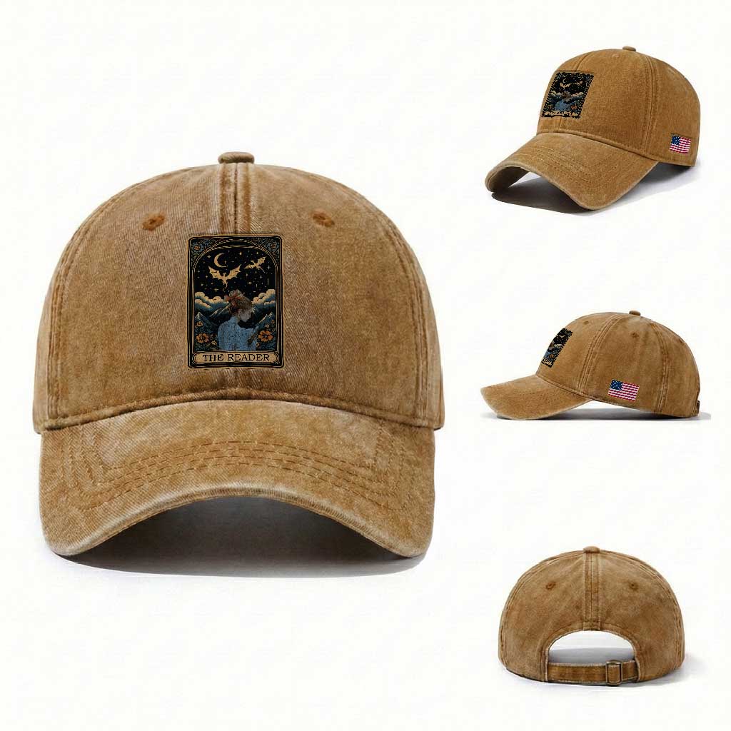 Funny The Reader Tarot Card Washed Cotton Baseball Cap Girl Reading Fantasy Book TS12 Washed Cap Universal Fit Yellow Ochre Print Your Wear