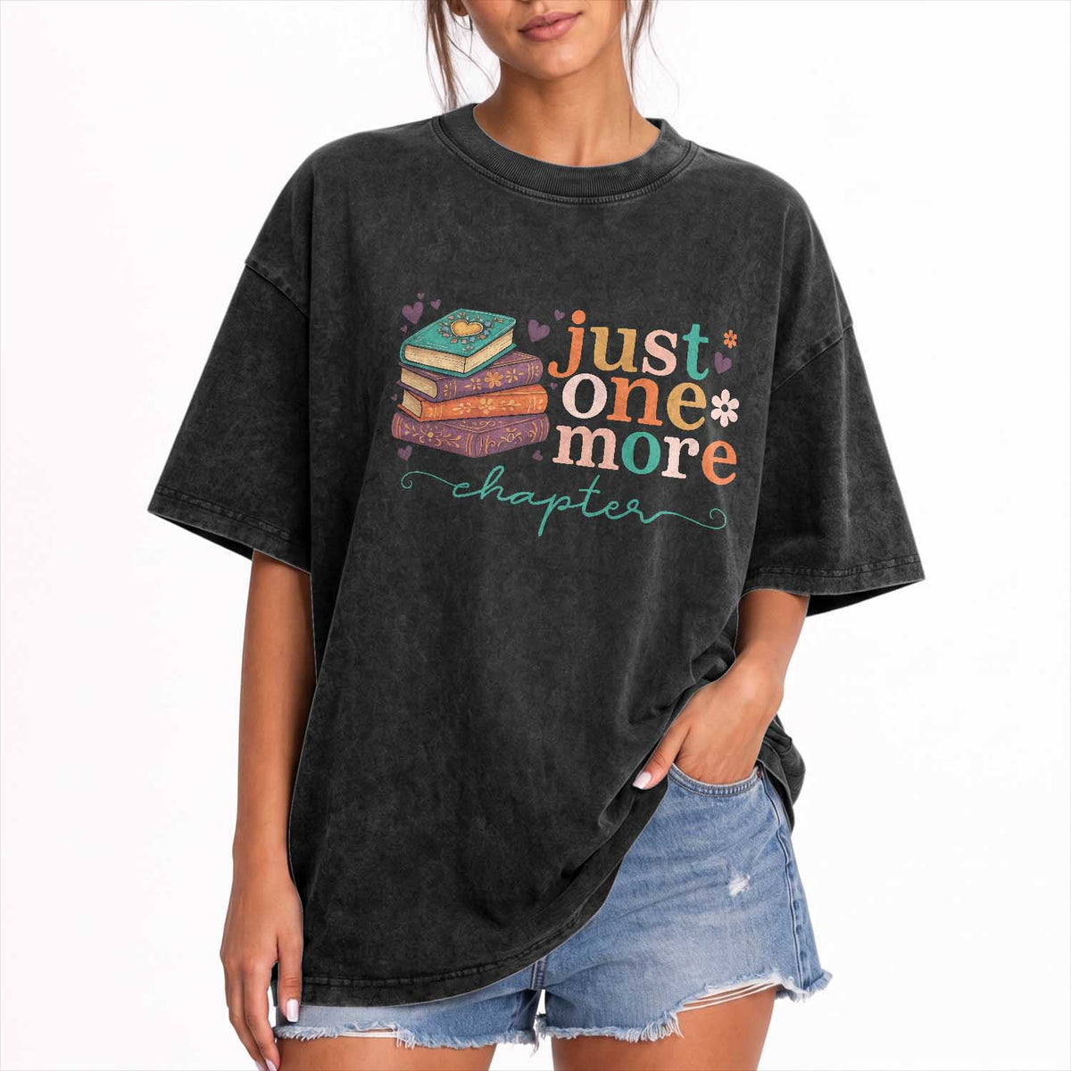 Just One More Chapter Washed Cotton T-Shirt Cute Pastel Bookworm Girl Reader