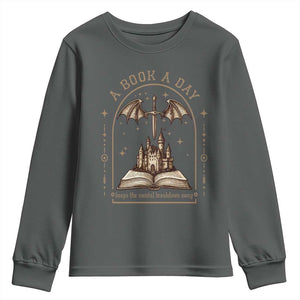 Fantasy Book Lover Youth Sweatshirt A Book A Day Keeps The Mental Breakdown Away TS12 Dark Heather Print Your Wear