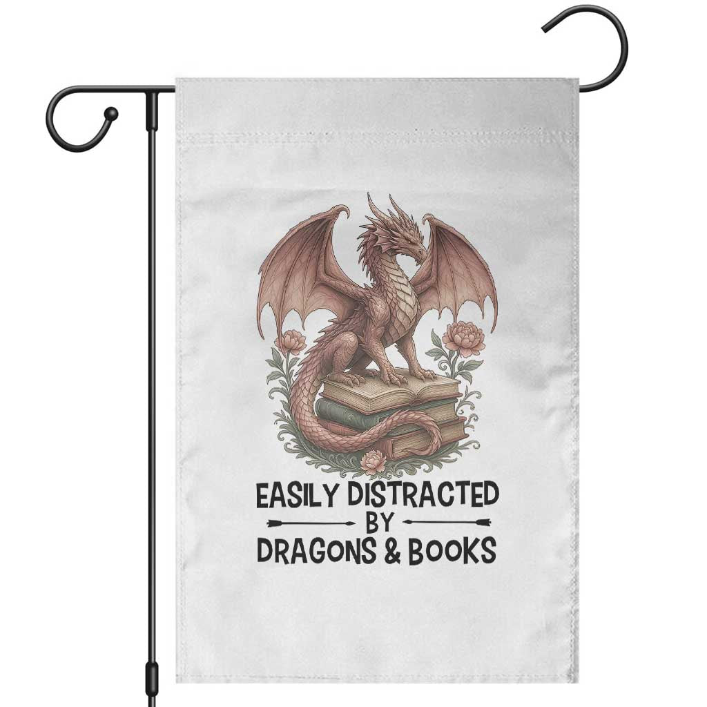 Easily Distracted By Dragon And Books Garden Flag Funny Book Lover TS12 White Print Your Wear