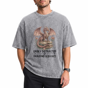 Easily Distracted By Dragon And Books Washed Cotton T-Shirt Funny Book Lover