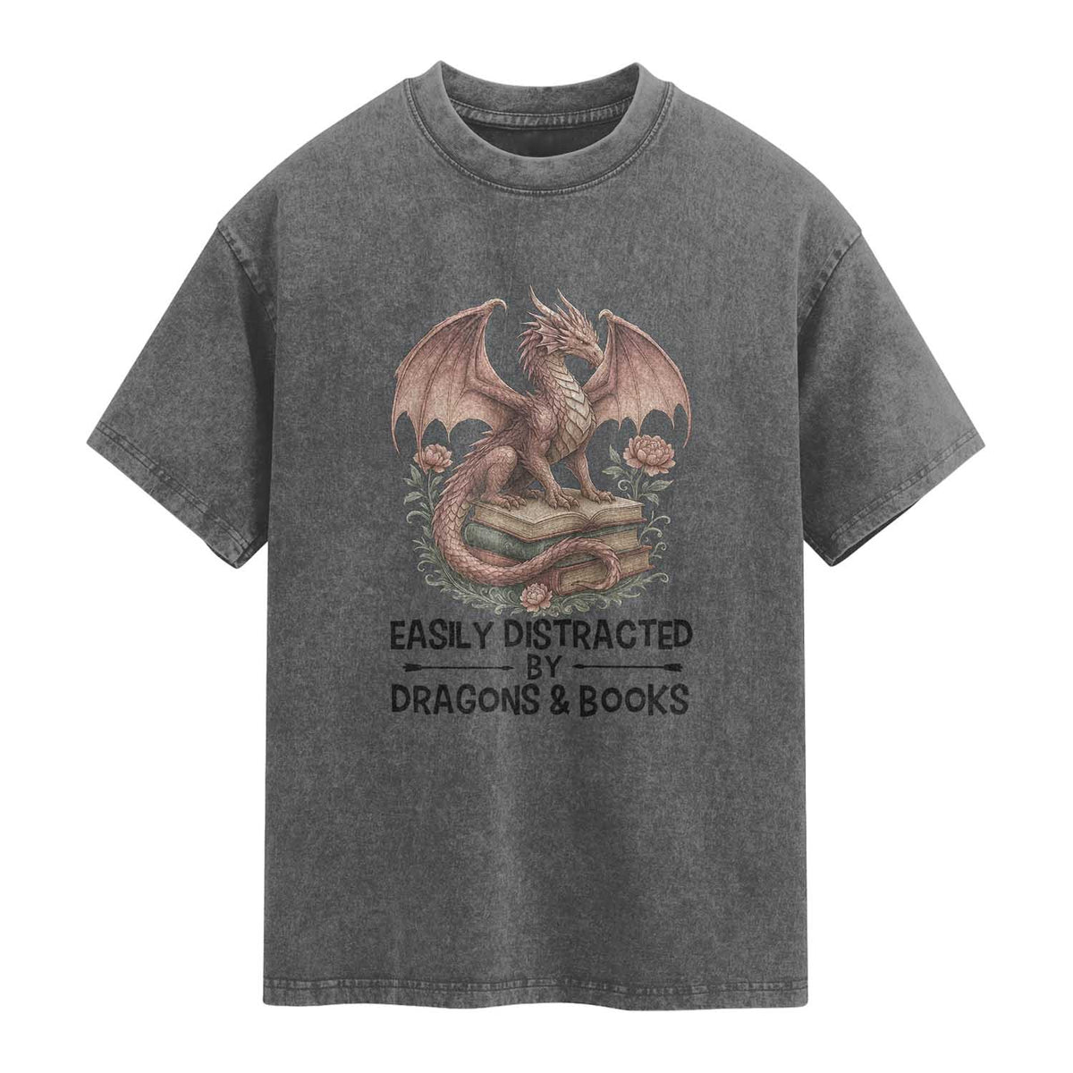 Easily Distracted By Dragon And Books Washed Cotton T-Shirt Funny Book Lover