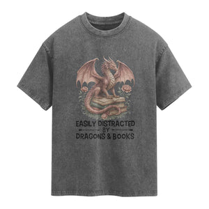 Easily Distracted By Dragon And Books Washed Cotton T-Shirt Funny Book Lover