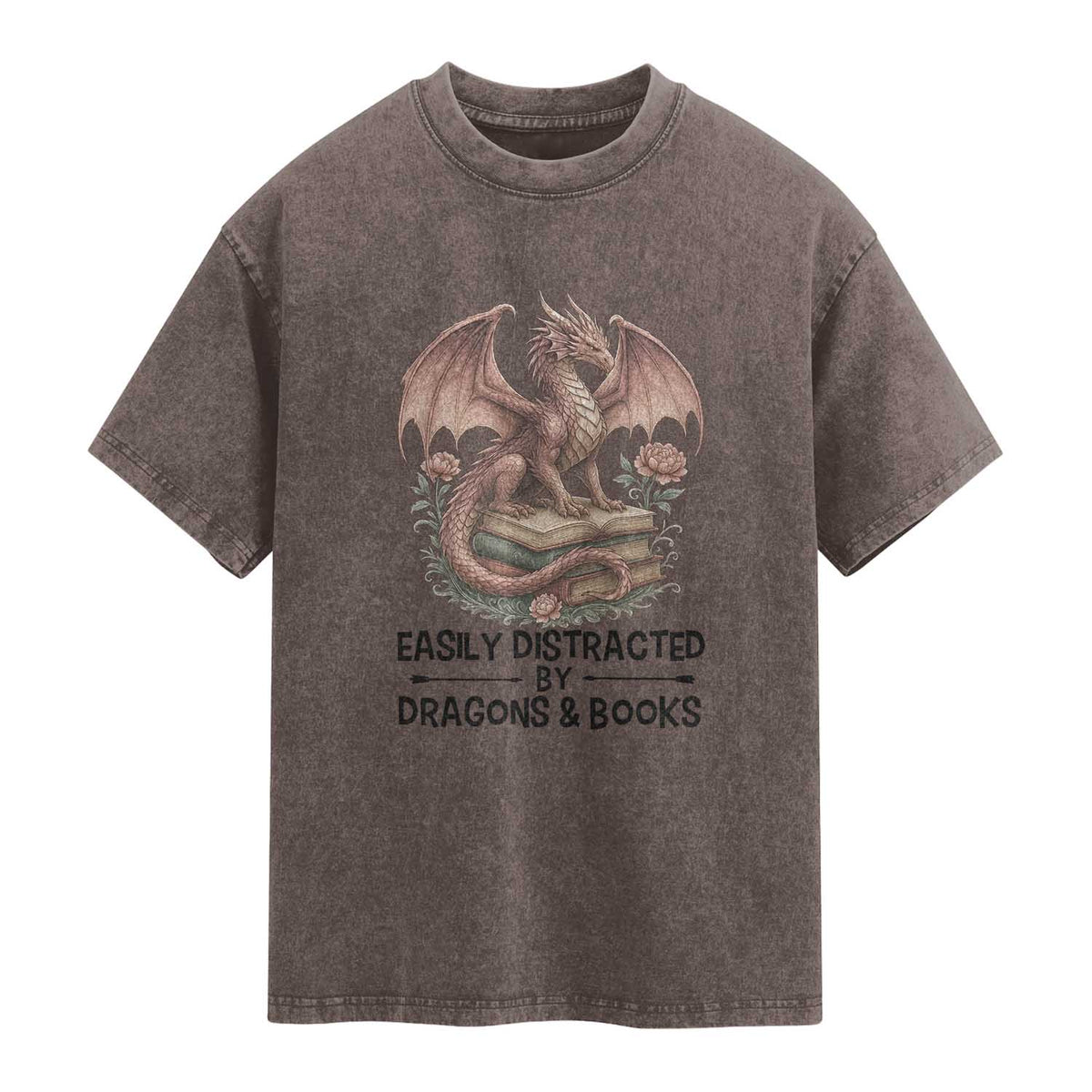 Easily Distracted By Dragon And Books Washed Cotton T-Shirt Funny Book Lover