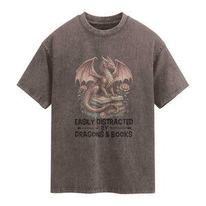 Easily Distracted By Dragon And Books Washed Cotton T-Shirt Funny Book Lover