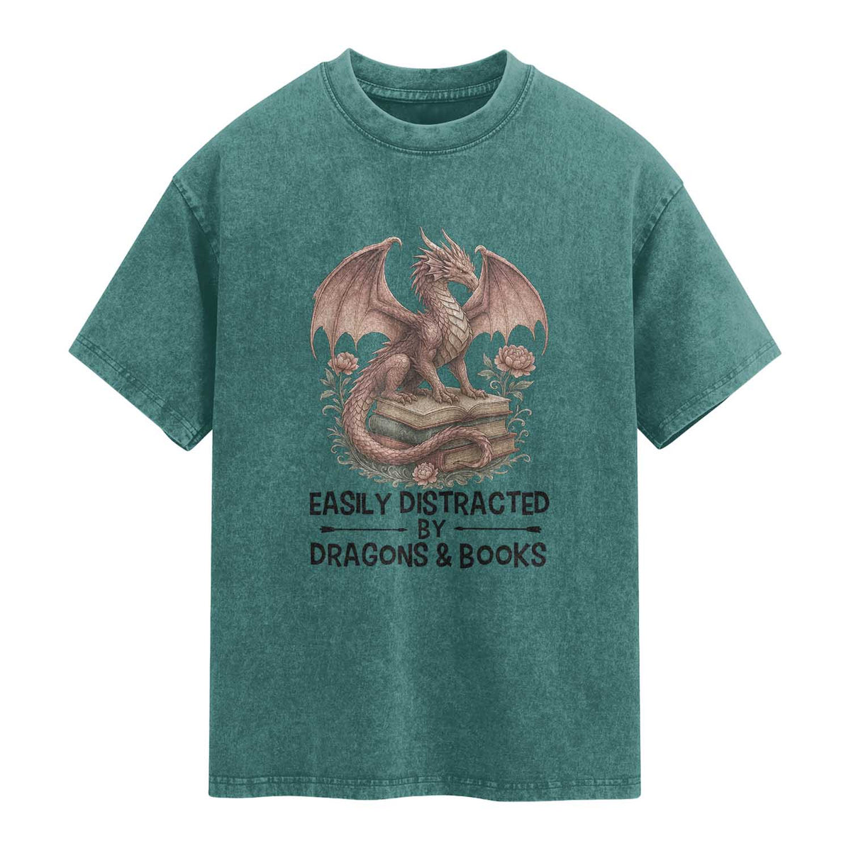 Easily Distracted By Dragon And Books Washed Cotton T-Shirt Funny Book Lover