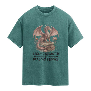 Easily Distracted By Dragon And Books Washed Cotton T-Shirt Funny Book Lover