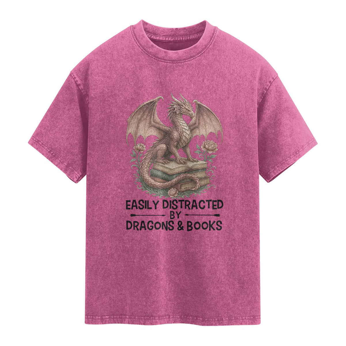 Easily Distracted By Dragon And Books Washed Cotton T-Shirt Funny Book Lover