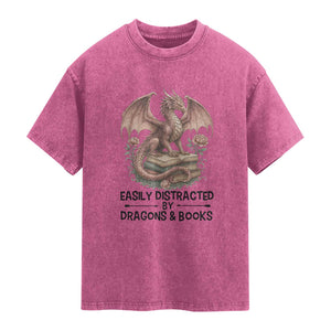 Easily Distracted By Dragon And Books Washed Cotton T-Shirt Funny Book Lover
