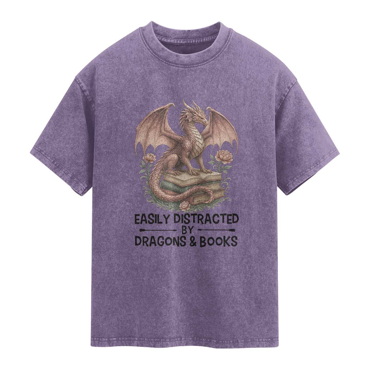 Easily Distracted By Dragon And Books Washed Cotton T-Shirt Funny Book Lover