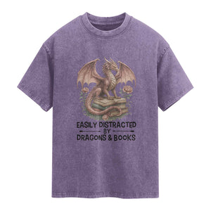 Easily Distracted By Dragon And Books Washed Cotton T-Shirt Funny Book Lover